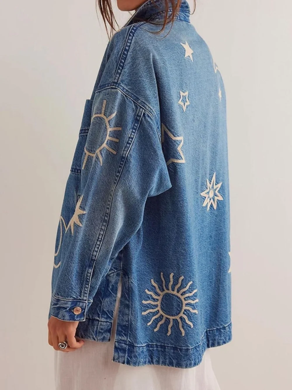 Embroidered Blue Denim Jean Jacket with Celestial Motifs - Picture 5 of 5